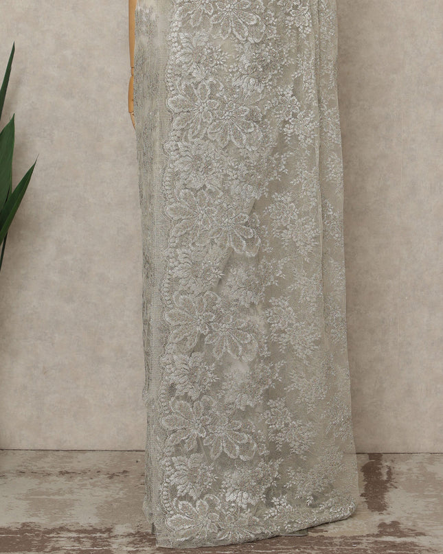 Silver Premium French Metallic Chantilly Saree Lace, 5.5 Mtrs Length, 110 Cms Width, Crafted in France -Blouse Not Included-D26723