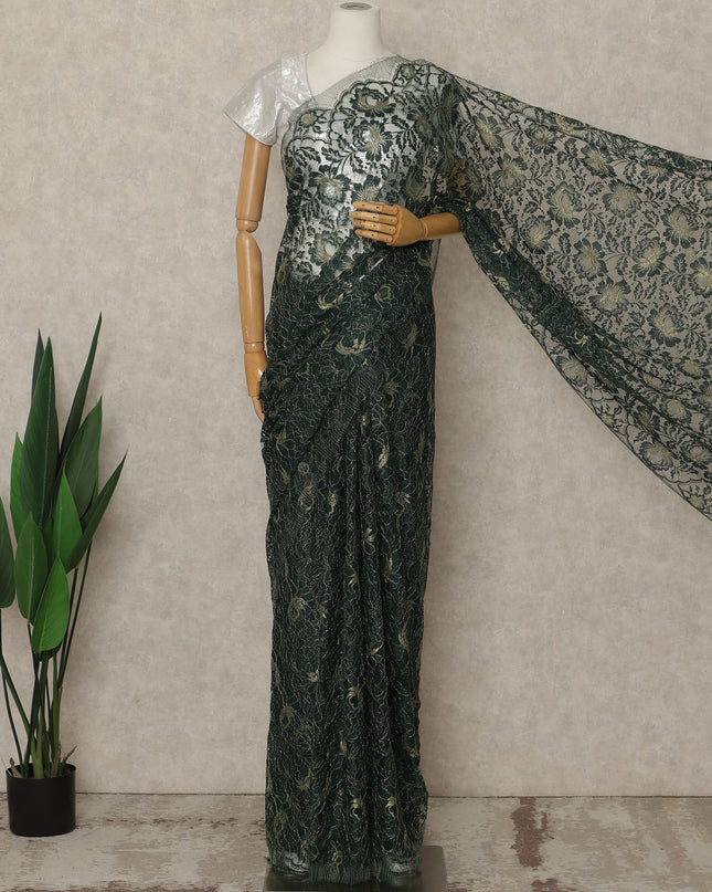 Dark Green Premium French Metallic Chantilly Saree Lace, 5.5 Mtrs Length, 110 Cms Width, Crafted in France -Blouse Not Included-D26730