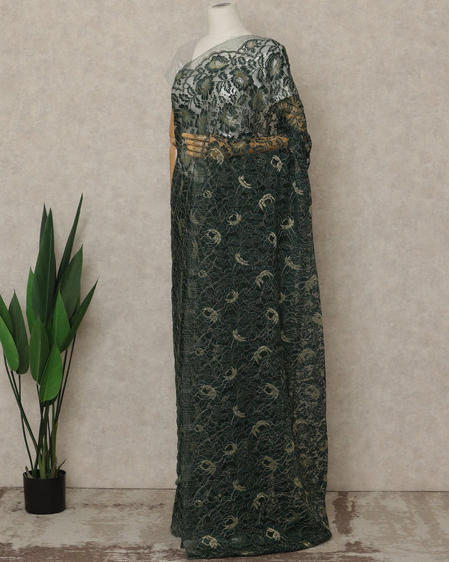 Dark Green Premium French Metallic Chantilly Saree Lace, 5.5 Mtrs Length, 110 Cms Width, Crafted in France -Blouse Not Included-D26730