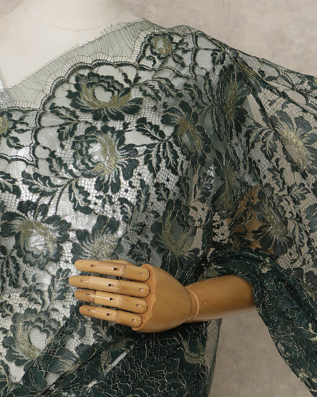 Dark Green Premium French Metallic Chantilly Saree Lace, 5.5 Mtrs Length, 110 Cms Width, Crafted in France -Blouse Not Included-D26730