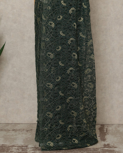 Dark Green Premium French Metallic Chantilly Saree Lace, 5.5 Mtrs Length, 110 Cms Width, Crafted in France -Blouse Not Included-D26730