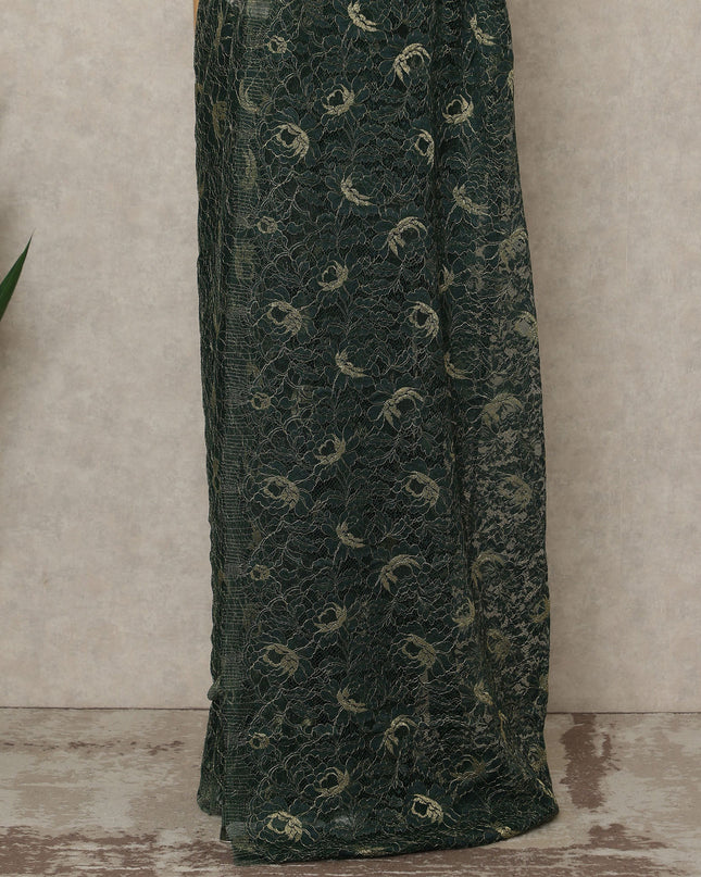 Dark Green Premium French Metallic Chantilly Saree Lace, 5.5 Mtrs Length, 110 Cms Width, Crafted in France -Blouse Not Included-D26730