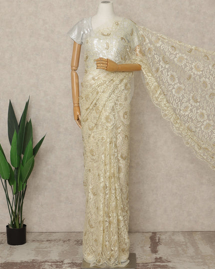 Cream Premium French Metallic Chantilly Saree Lace, 5.5 Mtrs Length, 110 Cms Width, Crafted in France -Blouse Not Included-D26729