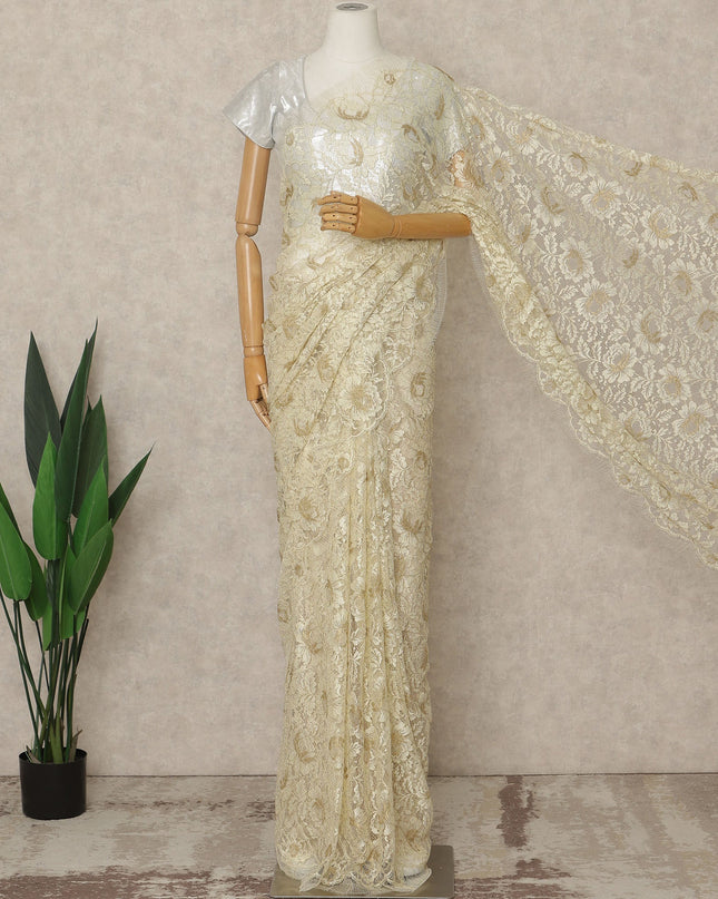 Cream Premium French Metallic Chantilly Saree Lace, 5.5 Mtrs Length, 110 Cms Width, Crafted in France -Blouse Not Included-D26729