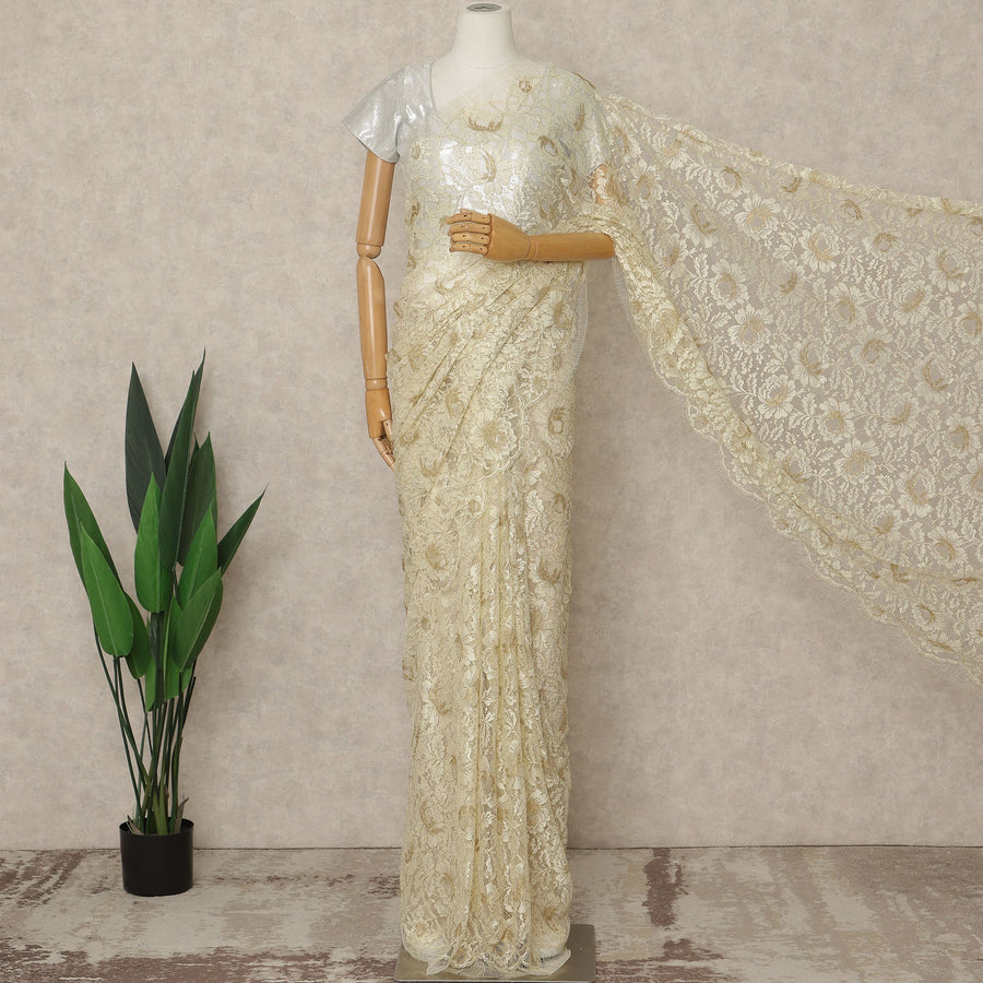 Cream Premium French Metallic Chantilly Saree Lace, 5.5 Mtrs Length, 110 Cms Width, Crafted in France -Blouse Not Included-D26729
