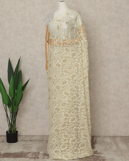 Cream Premium French Metallic Chantilly Saree Lace, 5.5 Mtrs Length, 110 Cms Width, Crafted in France -Blouse Not Included-D26729