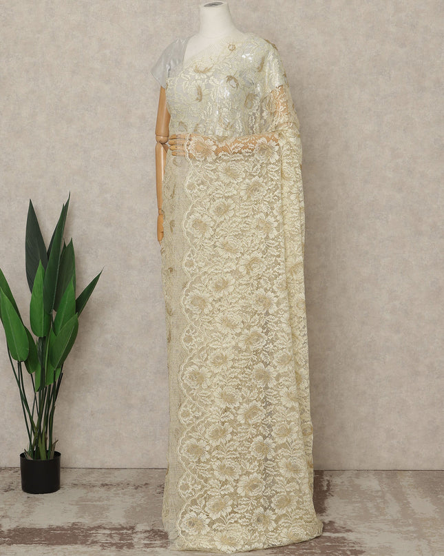 Cream Premium French Metallic Chantilly Saree Lace, 5.5 Mtrs Length, 110 Cms Width, Crafted in France -Blouse Not Included-D26729
