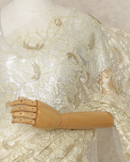 Cream Premium French Metallic Chantilly Saree Lace, 5.5 Mtrs Length, 110 Cms Width, Crafted in France -Blouse Not Included-D26729