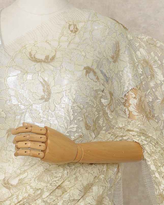 Cream Premium French Metallic Chantilly Saree Lace, 5.5 Mtrs Length, 110 Cms Width, Crafted in France -Blouse Not Included-D26729