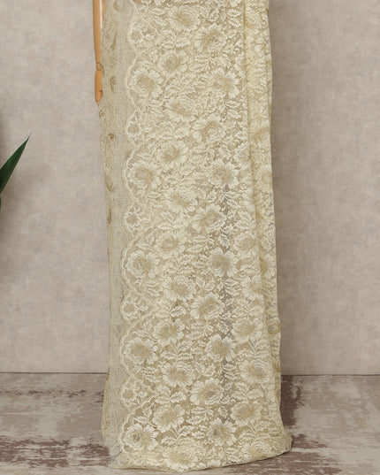 Cream Premium French Metallic Chantilly Saree Lace, 5.5 Mtrs Length, 110 Cms Width, Crafted in France -Blouse Not Included-D26729