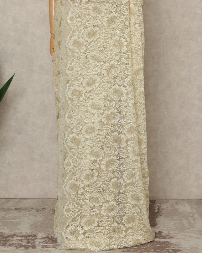 Cream Premium French Metallic Chantilly Saree Lace, 5.5 Mtrs Length, 110 Cms Width, Crafted in France -Blouse Not Included-D26729