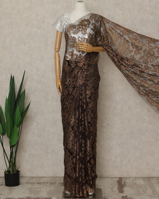 Chocolate Brown Premium French Metallic Chantilly Saree Lace, 5.5 Mtrs Length, 110 Cms Width, Crafted in France -Blouse Not Included-D26732