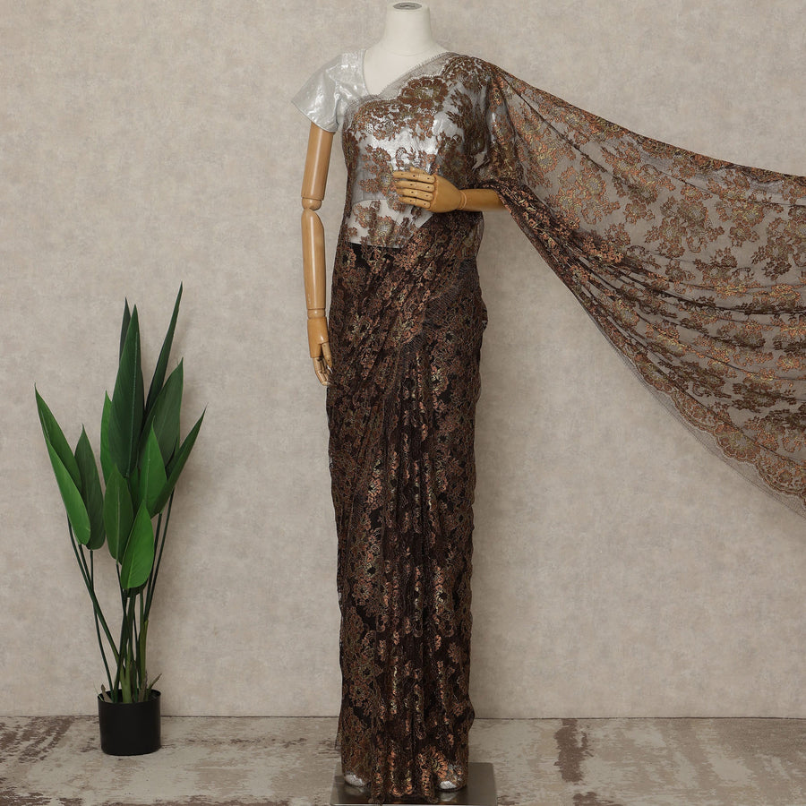 Chocolate Brown Premium French Metallic Chantilly Saree Lace, 5.5 Mtrs Length, 110 Cms Width, Crafted in France -Blouse Not Included-D26732