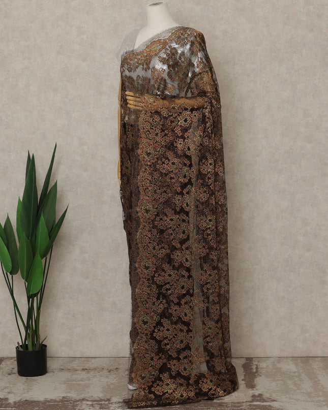 Chocolate Brown Premium French Metallic Chantilly Saree Lace, 5.5 Mtrs Length, 110 Cms Width, Crafted in France -Blouse Not Included-D26732