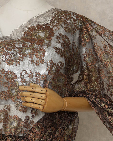 Chocolate Brown Premium French Metallic Chantilly Saree Lace, 5.5 Mtrs Length, 110 Cms Width, Crafted in France -Blouse Not Included-D26732