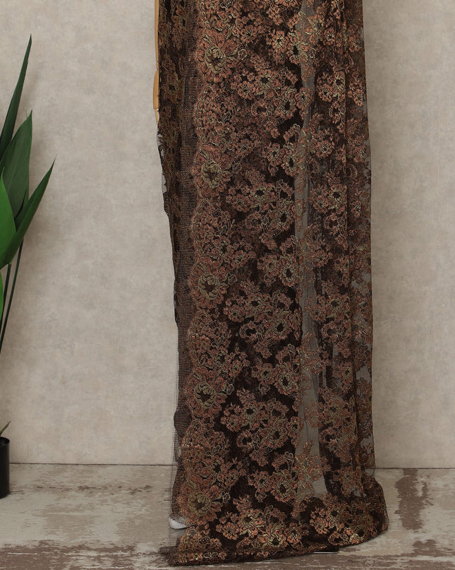 Chocolate Brown Premium French Metallic Chantilly Saree Lace, 5.5 Mtrs Length, 110 Cms Width, Crafted in France -Blouse Not Included-D26732