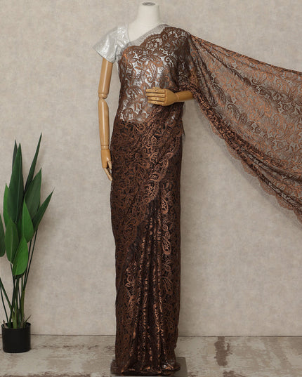 Copper Brown Premium French Metallic Chantilly Saree Lace, 5.5 Mtrs Length, 110 Cms Width, Crafted in France -Blouse Not Included-D26725