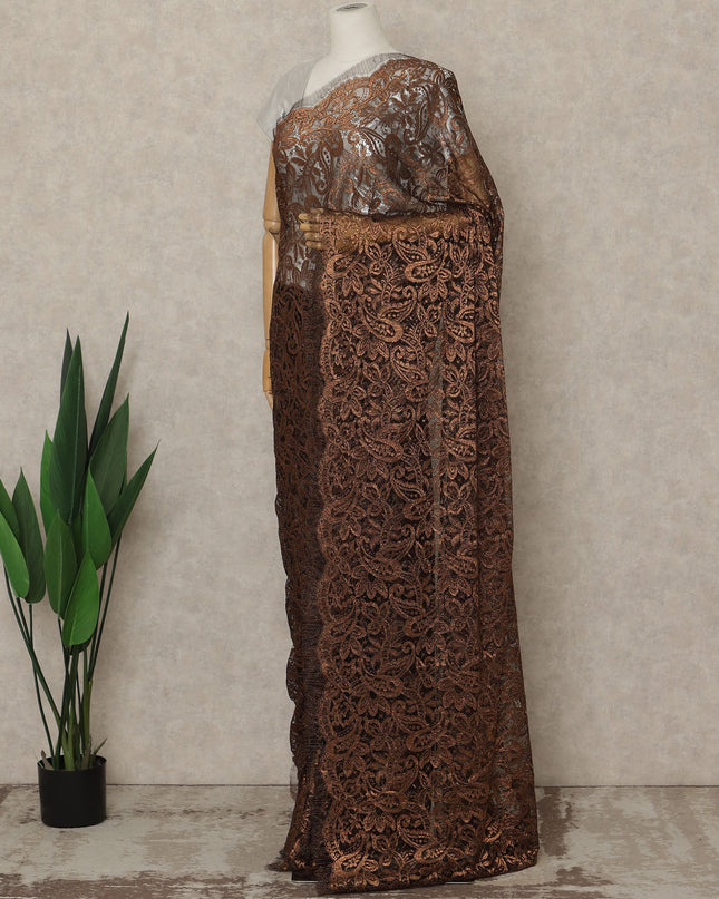 Copper Brown Premium French Metallic Chantilly Saree Lace, 5.5 Mtrs Length, 110 Cms Width, Crafted in France -Blouse Not Included-D26725