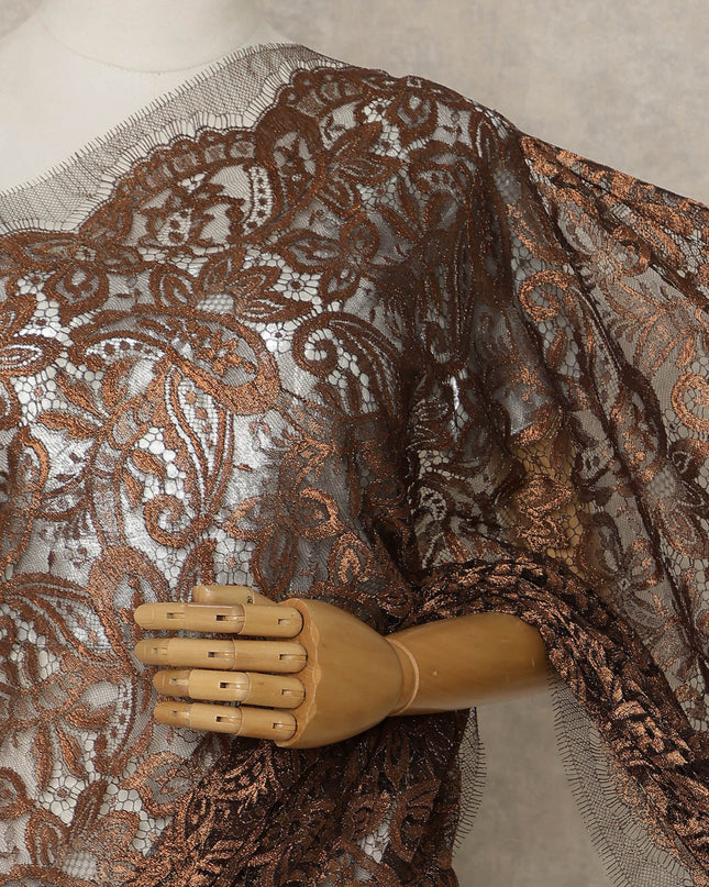Copper Brown Premium French Metallic Chantilly Saree Lace, 5.5 Mtrs Length, 110 Cms Width, Crafted in France -Blouse Not Included-D26725
