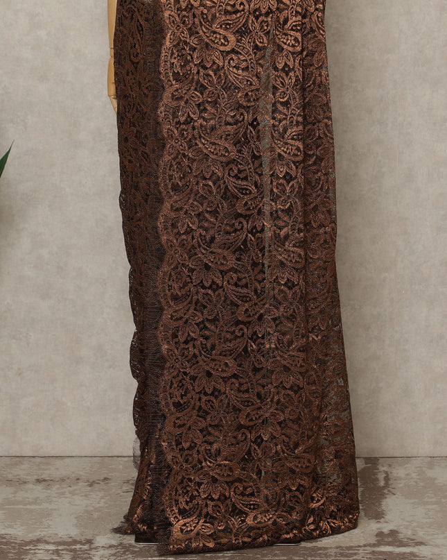 Copper Brown Premium French Metallic Chantilly Saree Lace, 5.5 Mtrs Length, 110 Cms Width, Crafted in France -Blouse Not Included-D26725