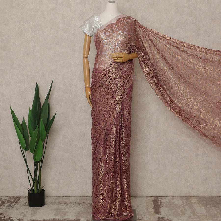 Rose Red Premium French Metallic Chantilly Saree Lace, 5.5 Mtrs Length, 110 Cms Width, Crafted in France -Blouse Not Included-D26724