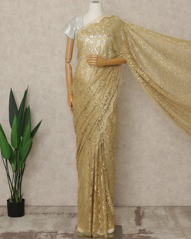 Gold Premium French Metallic Chantilly Saree Lace, 5.5 Mtrs Length, 110 Cms Width, Crafted in France -Blouse Not Included-D26726