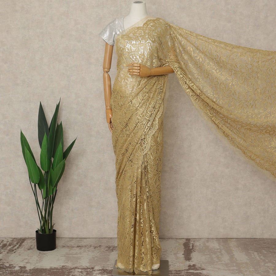 Gold Premium French Metallic Chantilly Saree Lace, 5.5 Mtrs Length, 110 Cms Width, Crafted in France -Blouse Not Included-D26726