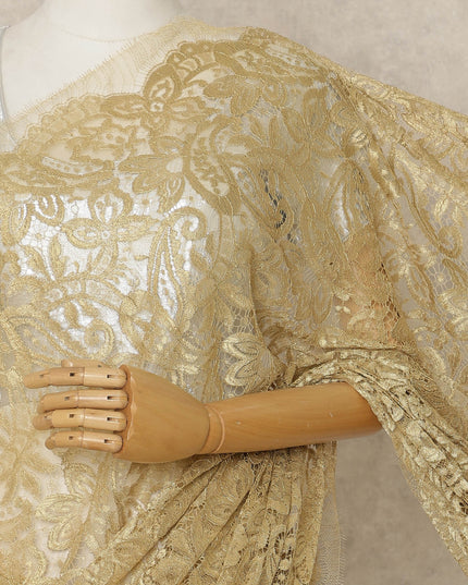 Gold Premium French Metallic Chantilly Saree Lace, 5.5 Mtrs Length, 110 Cms Width, Crafted in France -Blouse Not Included-D26726
