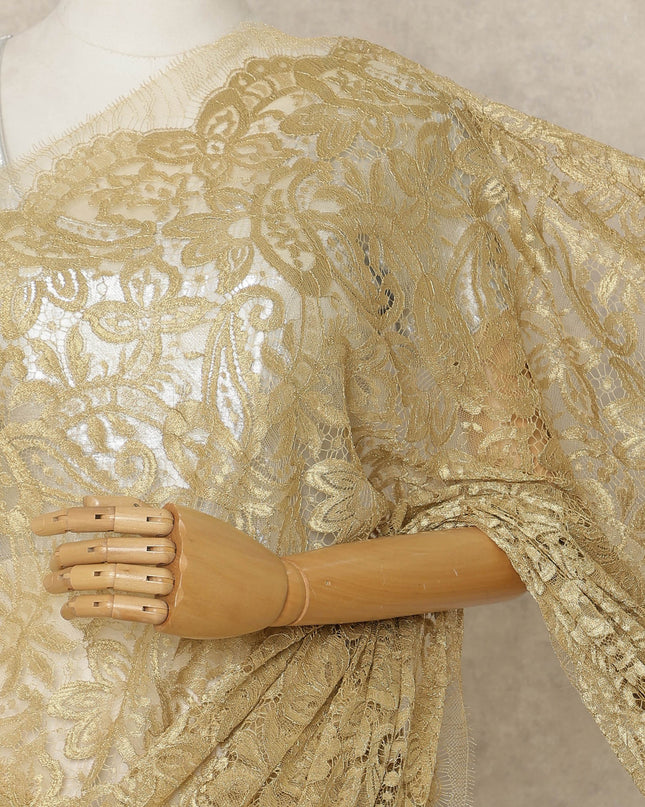 Gold Premium French Metallic Chantilly Saree Lace, 5.5 Mtrs Length, 110 Cms Width, Crafted in France -Blouse Not Included-D26726
