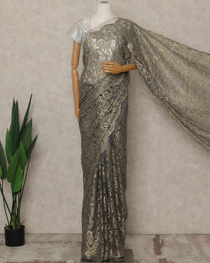Black Gold Premium French Metallic Chantilly Saree Lace, 5.5 Mtrs Length, 110 Cms Width, Crafted in France -Blouse Not Included-D26727