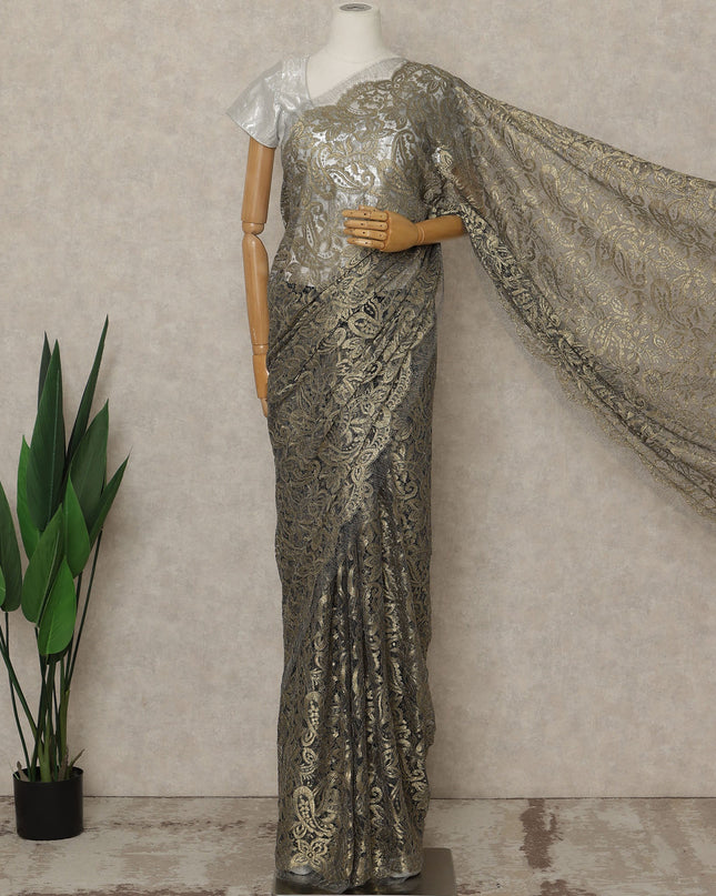 Black Gold Premium French Metallic Chantilly Saree Lace, 5.5 Mtrs Length, 110 Cms Width, Crafted in France -Blouse Not Included-D26727