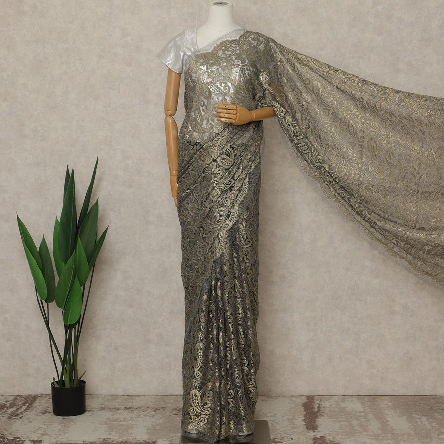 Black Gold Premium French Metallic Chantilly Saree Lace, 5.5 Mtrs Length, 110 Cms Width, Crafted in France -Blouse Not Included-D26727
