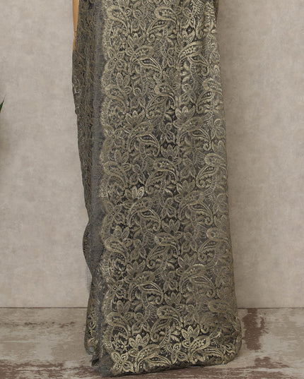 Black Gold Premium French Metallic Chantilly Saree Lace, 5.5 Mtrs Length, 110 Cms Width, Crafted in France -Blouse Not Included-D26727