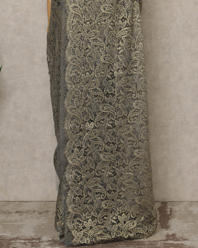 Black Gold Premium French Metallic Chantilly Saree Lace, 5.5 Mtrs Length, 110 Cms Width, Crafted in France -Blouse Not Included-D26727