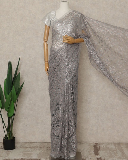 Silver Premium French Metallic Chantilly Saree Lace, 5.5 Mtrs Length, 110 Cms Width, Crafted in France -Blouse Not Included-D26728