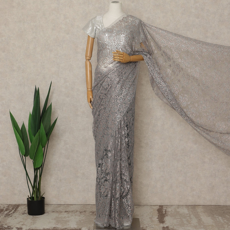 Silver Premium French Metallic Chantilly Saree Lace, 5.5 Mtrs Length, 110 Cms Width, Crafted in France -Blouse Not Included-D26728
