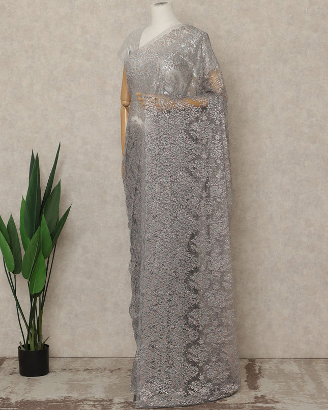 Silver Premium French Metallic Chantilly Saree Lace, 5.5 Mtrs Length, 110 Cms Width, Crafted in France -Blouse Not Included-D26728