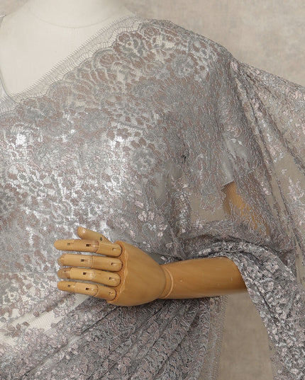 Silver Premium French Metallic Chantilly Saree Lace, 5.5 Mtrs Length, 110 Cms Width, Crafted in France -Blouse Not Included-D26728