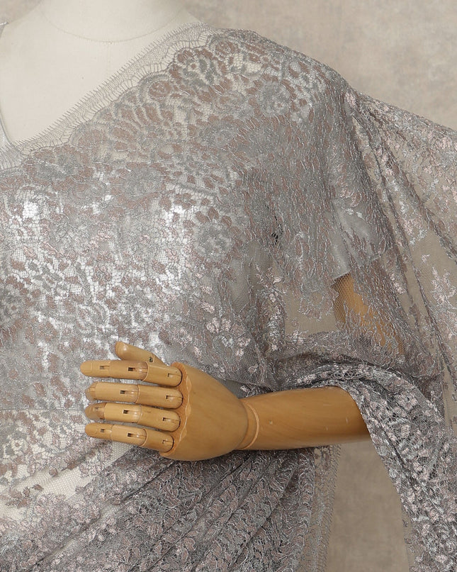 Silver Premium French Metallic Chantilly Saree Lace, 5.5 Mtrs Length, 110 Cms Width, Crafted in France -Blouse Not Included-D26728