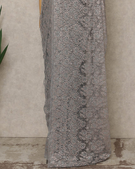 Silver Premium French Metallic Chantilly Saree Lace, 5.5 Mtrs Length, 110 Cms Width, Crafted in France -Blouse Not Included-D26728