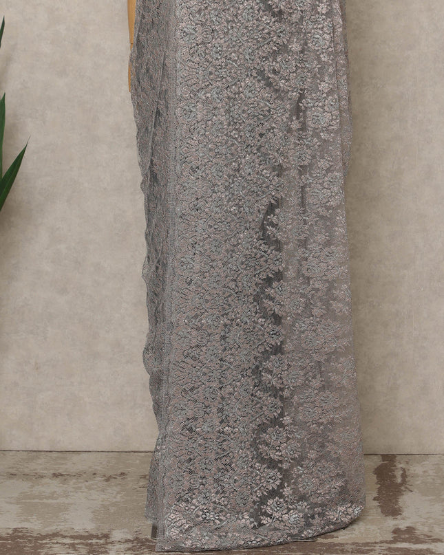 Silver Premium French Metallic Chantilly Saree Lace, 5.5 Mtrs Length, 110 Cms Width, Crafted in France -Blouse Not Included-D26728