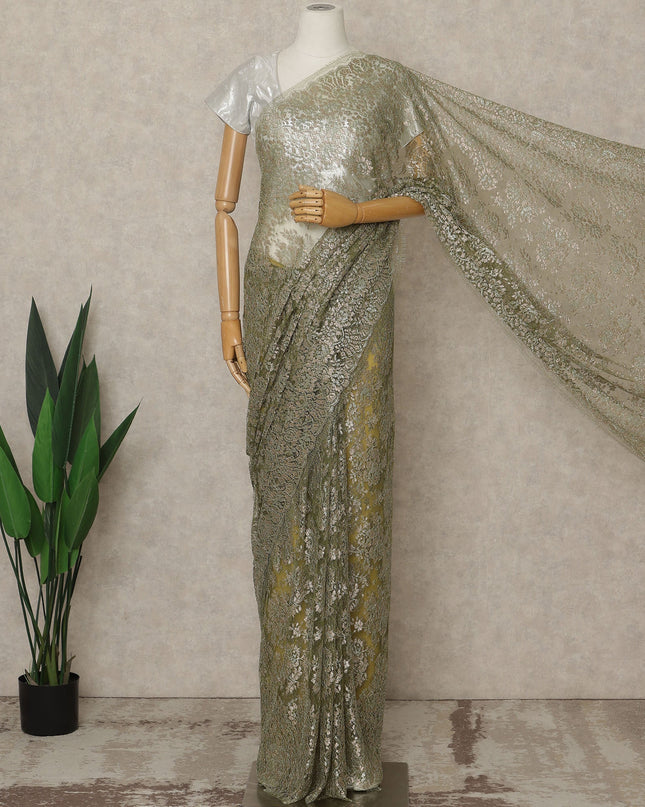 Olive Green Premium French Metallic Chantilly Saree Lace, 5.5 Mtrs Length, 110 Cms Width, Crafted in France -Blouse Not Included-D26733