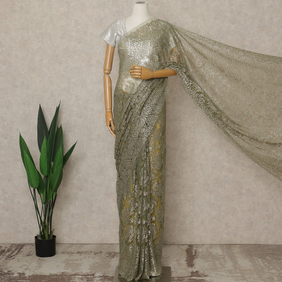 Olive Green Premium French Metallic Chantilly Saree Lace, 5.5 Mtrs Length, 110 Cms Width, Crafted in France -Blouse Not Included-D26733