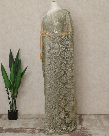 Olive Green Premium French Metallic Chantilly Saree Lace, 5.5 Mtrs Length, 110 Cms Width, Crafted in France -Blouse Not Included-D26733