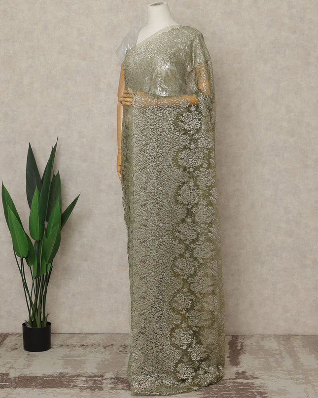 Olive Green Premium French Metallic Chantilly Saree Lace, 5.5 Mtrs Length, 110 Cms Width, Crafted in France -Blouse Not Included-D26733