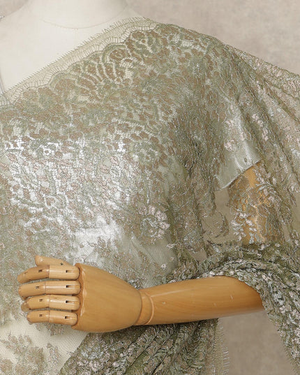 Olive Green Premium French Metallic Chantilly Saree Lace, 5.5 Mtrs Length, 110 Cms Width, Crafted in France -Blouse Not Included-D26733