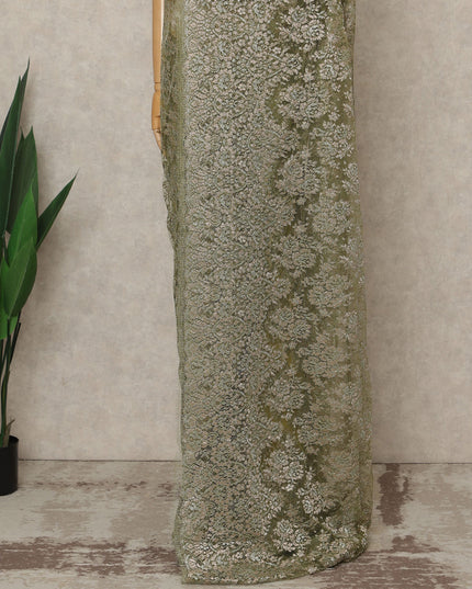 Olive Green Premium French Metallic Chantilly Saree Lace, 5.5 Mtrs Length, 110 Cms Width, Crafted in France -Blouse Not Included-D26733