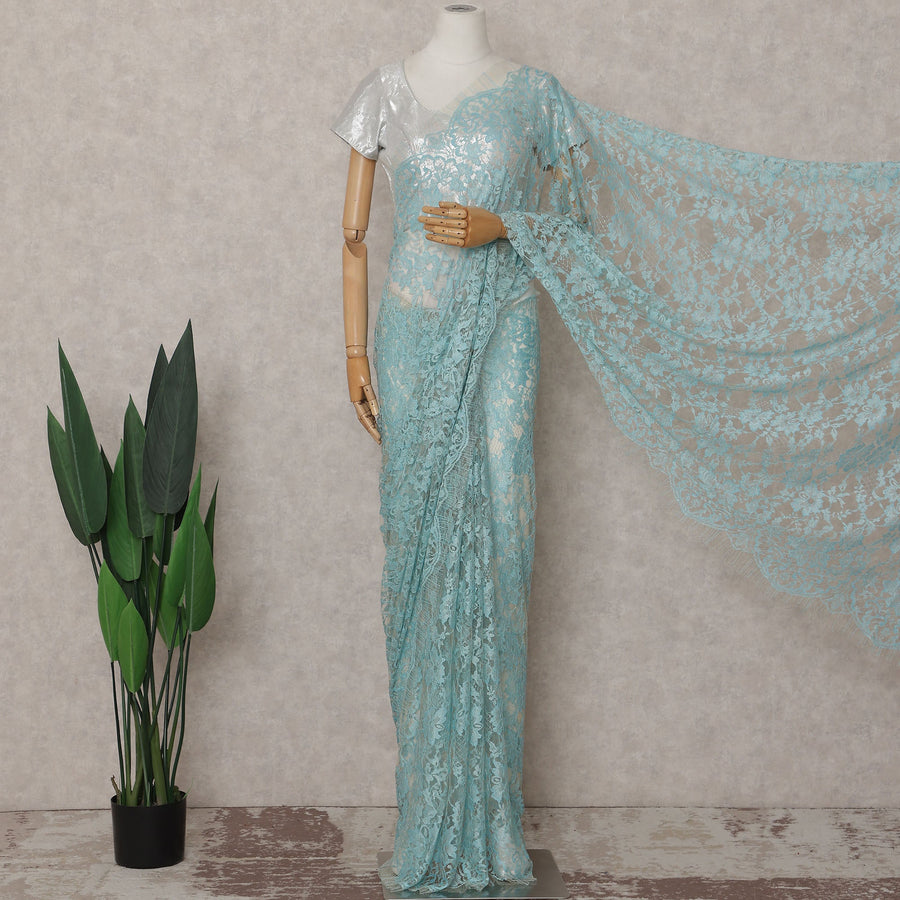 Powder Blue Floral French Chantilly Lace Saree