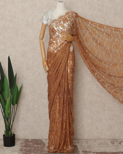 Rust Orange French Chantilly Saree Lace Elegant Floral Net Design 5.5 Mtrs Length 110 Cms Width Premium Soft Sheer Fabric France Origin-D28930 Regal Fabrics