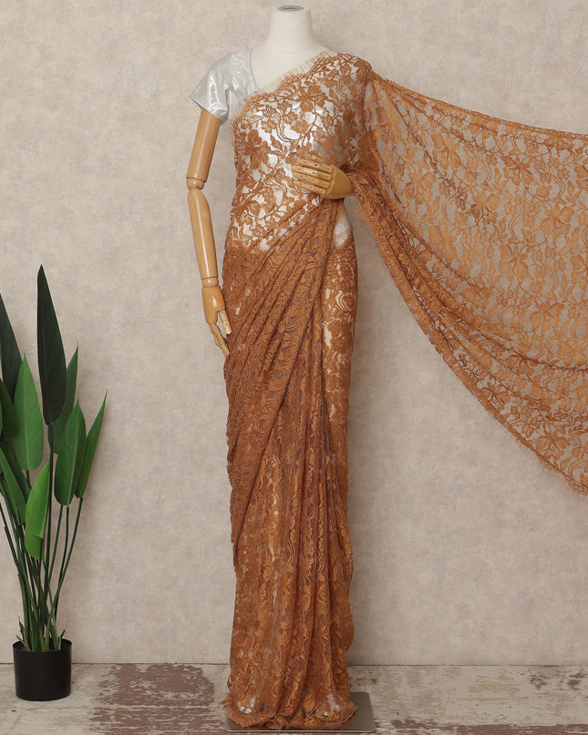 Rust Orange French Chantilly Saree Lace Elegant Floral Net Design 5.5 Mtrs Length 110 Cms Width Premium Soft Sheer Fabric France Origin-D28930 Regal Fabrics